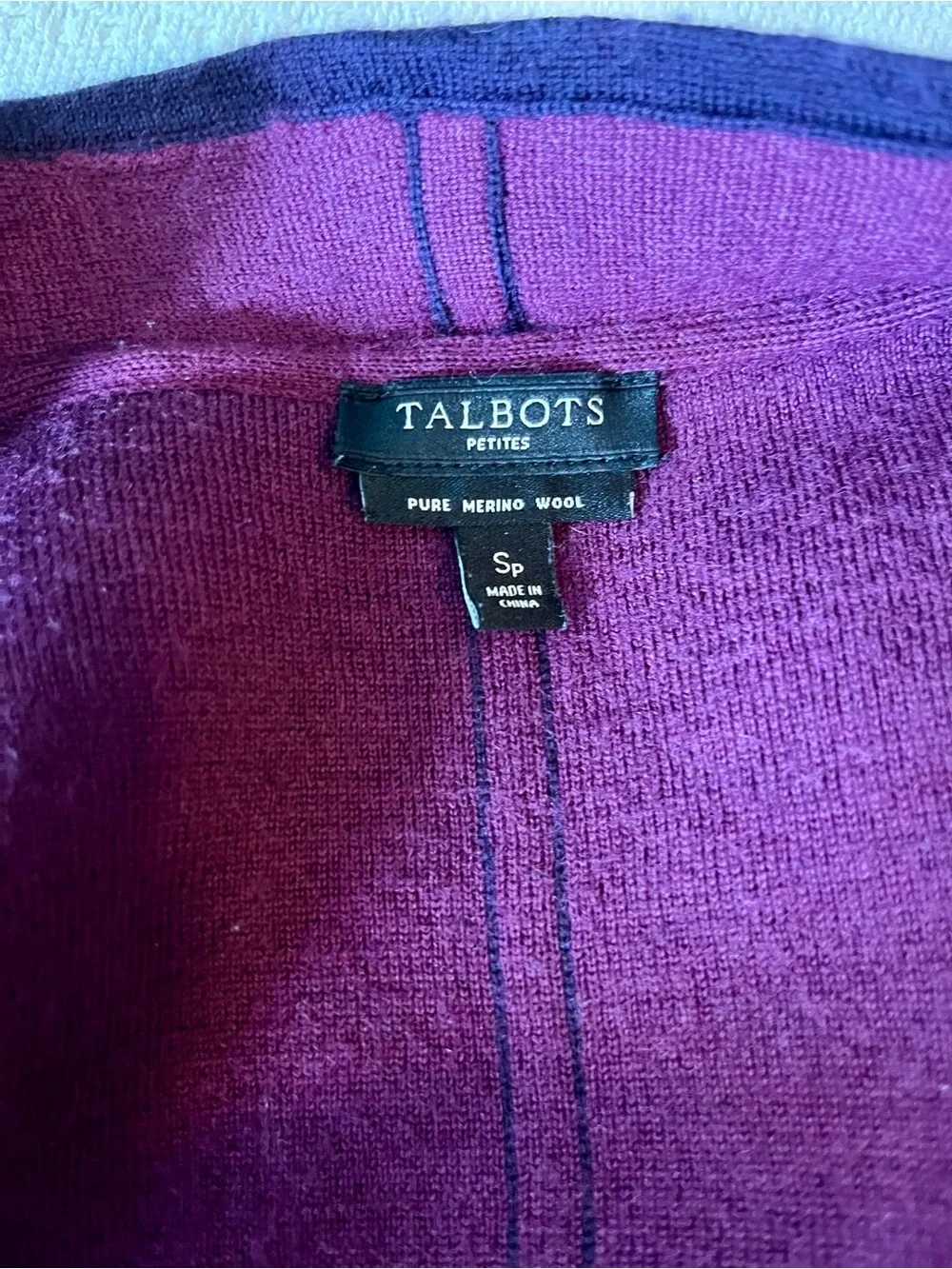 Talbots Open Front Merino Wool Cardigan in Plum, Magenta Interior, Slant Pockets